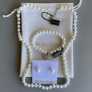 FAC White Faux Pearl Necklace Bracelet & Earrings Set